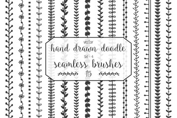 Set of hand drawn doodle seamless decorative brushes for dividers, borders, ornaments, frames, borders and design elements isolated on white background. Vector brushes are included in the brush panel.