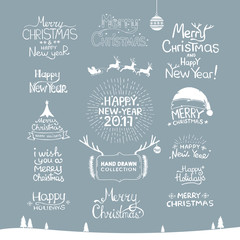 Merry Christmas. Happy New Year, 2017. Typography set. Vector logo, emblems, text design. Usable for banners, greeting cards, gifts etc