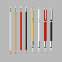 Fototapeta premium Duży zestaw kolorowych długopisów i ołówków z gumkami