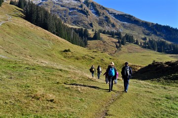 Wanderer wandern auf einem Wanderweg in den Schweizer Alpen im Wallis, in der französischen schweiz