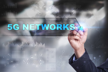 Business is drawing on virtual screen. 5g networks concept.