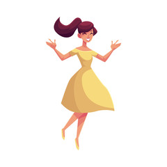 Beautiful young woman jumping from happiness, cartoon vector illustrations isolated on white background. Happy girl or young woman in a nice dress jumping in excitement