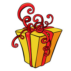 Gift box with red ribbon, hand drawn vector image