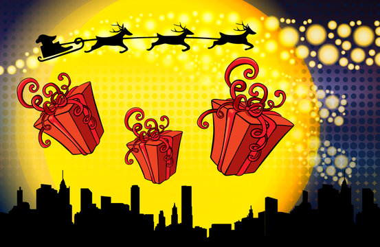 Santa fly over city night and drop gift boxes. Vector image/