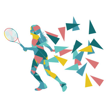 Tennis player woman abstract illustration made of polygon fragme