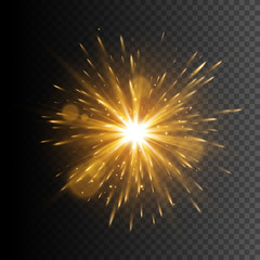 Gold glitter star. Transparent glow light effect. Star burst with sparkles. Vector design