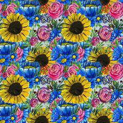 Wzór Z Niebieskie Żółte I Różowe Kwiaty