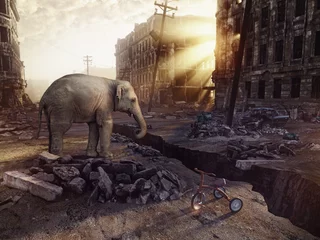 Zelfklevend Fotobehang an elephant and the ruins of a city © Victor zastol'skiy