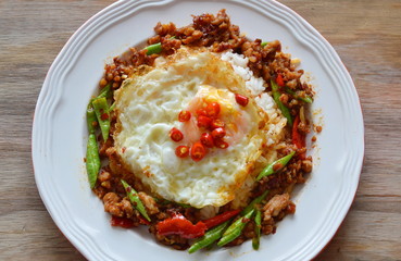 fried minced pork and yard long bean in sweet chili paste and egg