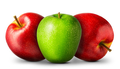 Group of red and green apples on white background.