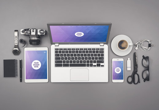 Laptop, Tablet, and Smartphone on Organized Gray Desk Mockup 3 - Purple Geometric 2