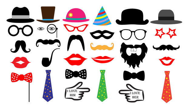 Retro party set. Glasses, hats, lips, mustaches, tie, monocle. Isolated vector.