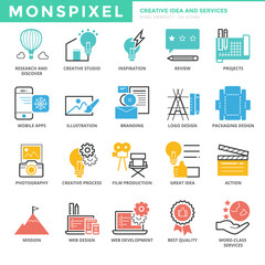 Flat thin line Icons set of Creative Idea and Services. Pixel Pe