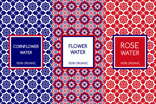 Set Of Flower Pattern Cosmetic Packaging Vector. Cornflower And Rose Water Label. Red, Blue And White Tag For Beauty Products And Shops.