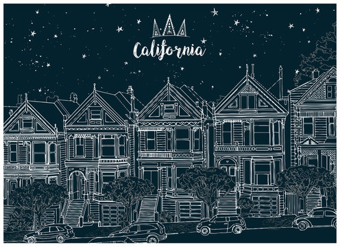 Hand drawn black and white illustration. Urban landscape of San Francisco at night.  Architectural ensemble of similar Victorian houses- Painted Ladies. Beautiful starry sky. Postcard