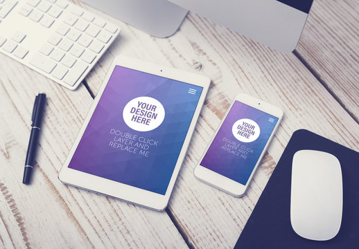 Tablet and Smartphone Close Up on Wooden Desk Mockup 4