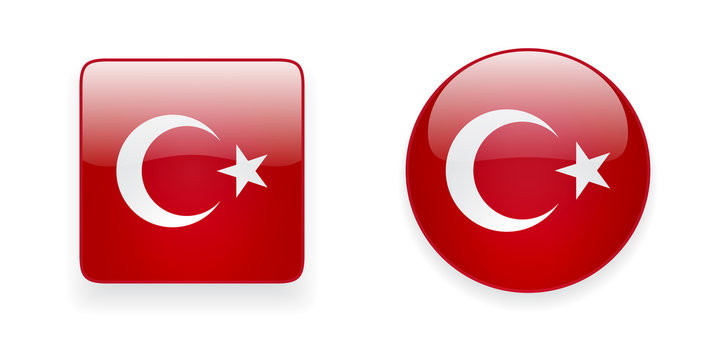 Turkish Flag Vector Icon Set. Shiny Square Icon And Round Icon With National Flag Of Turkey.