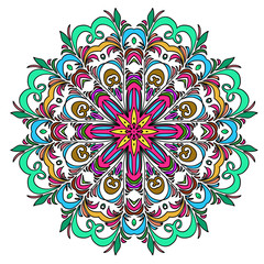 Vector Illustration. Colorful Hand Drawn Mandala, Oriental Decorative Element, Vintage Style.  Suitable for textile, fabric, packaging and web design.