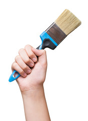 Flat brush in hand raised up. Isolated-background