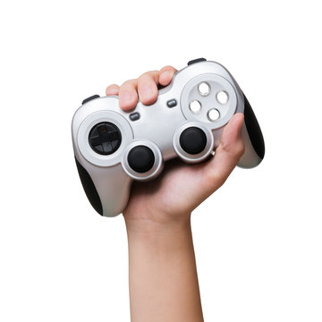 Game controller in hand raised up. Isolated on white