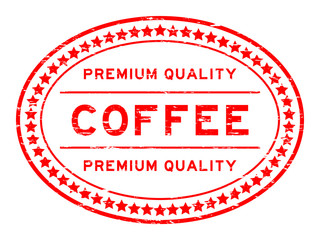 Grunge red oval shape premium quality coffee rubber stamp