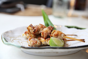Chicken yakitori with salt , Japanese food