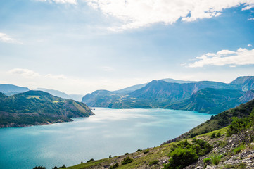 Beautiful blue lake on the Durance river near the Savines le Lac, France