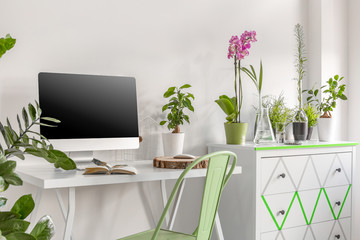 Home office with commode and flowers