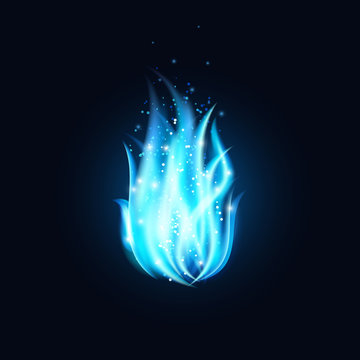 Vector blue fire illustration. Dark background with beautiful blue flame.  Stock Vector
