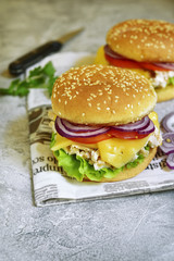 Cheeseburger with chicken salad and fresh vegetables.Space for t