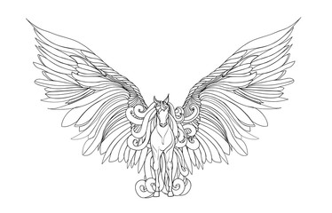 Beautiful Horse with mane and wings.Pegasus. Vector illustration . Black and white style