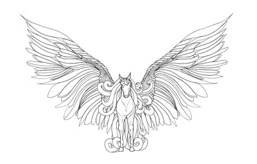 Beautiful Horse with mane and wings.Pegasus. Vector illustration . Black and white style