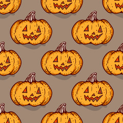 Halloween pumpkin seamless pattern. Hand drawn sketchy background with jack-o-lantern, design element for halloween party invitation card, wrapping, greeting card