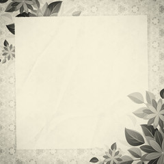 Vintage vignette with blank paper and floral corners, gray
