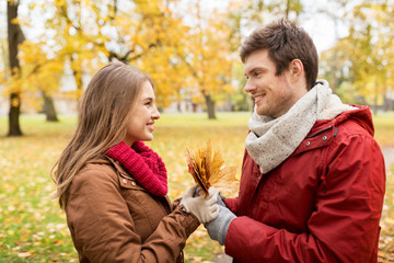 Fototapeta premium happy couple with maple leaves in autumn park