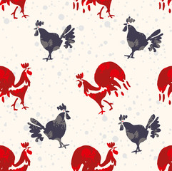 Roosters and speckled seamless pattern. Hand drawn Roosters and Hens. Seamless pattern.