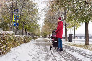 Fototapeta na wymiar Girl walking with a stroller on alley in autumn park