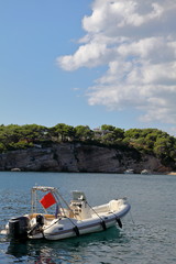 Fototapeta na wymiar Motor boat in the Aegean Sea near Patitiri,Greece