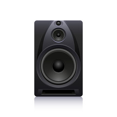 Black sound speaker on white background. Vector illustration. Realistic design.