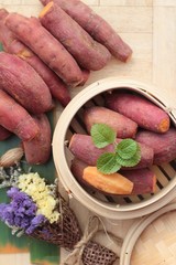 sweet potato boiled is delicious on wood background.
