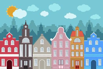 Set of European style colorful cartoon buildings.