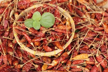Dried red chili peppers on wood background.