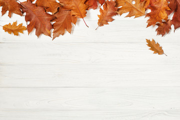 Red and yellow oak leaves on white wooden table