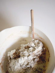 Home made bread preparation - Top view of freshly made dough in