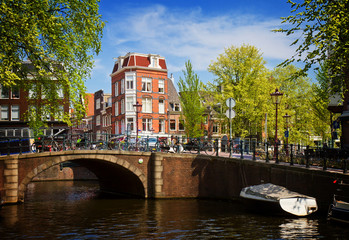 view of canal ring in Amsterdam, Netherland, retro toned