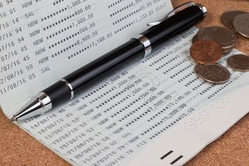 Passbook or passbook saving account, Passbook bank statement. Coin stack on account passbook or...
