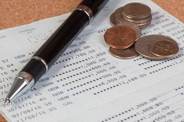 Passbook or passbook saving account, Passbook bank statement. Coin stack on account passbook or...