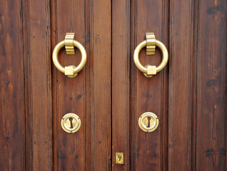 Puerta de madera con llamadores de bronce