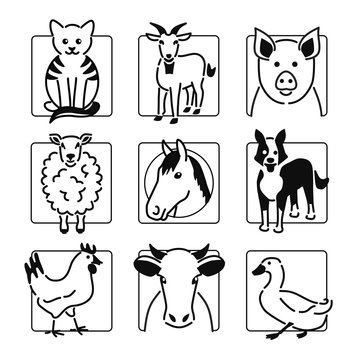 Nine popular farm animals in black outline