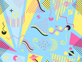 Geometric elements in the Memphis style, colorful geometric chaos. Retro 80s style. Vector illustration.